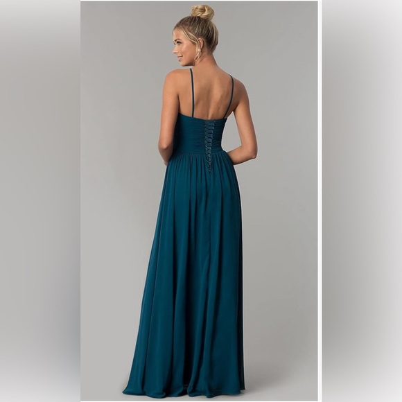 A-line chiffon halter bridesmaid dress with corset lace up back - Picture 2 of 7